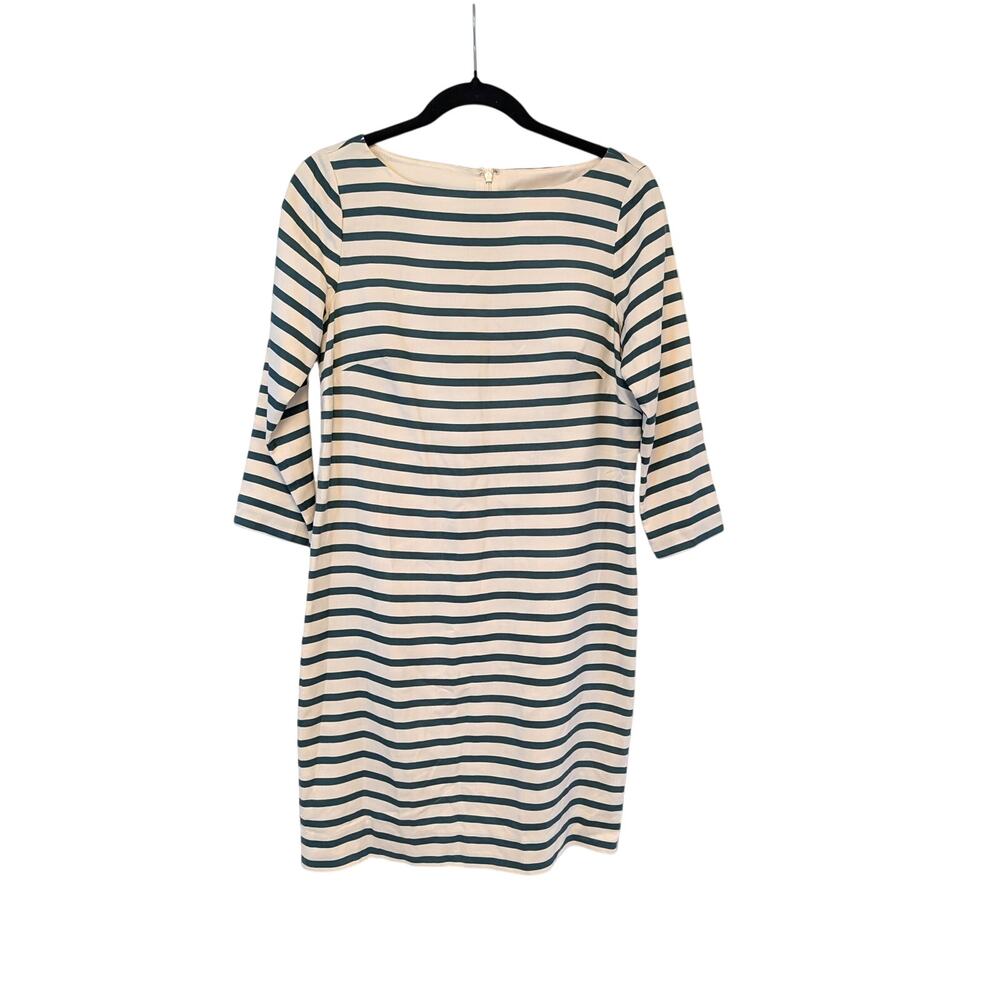 J. Crew Collection Cream and Dark Green Striped Long Sleeve Mariner Dress Sz 0